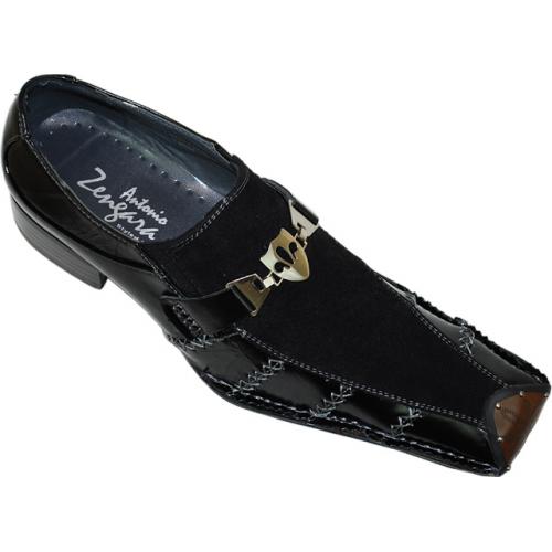 Antonio Zengara Black Eel Print / Suede With Metal Bracelet & Grey Stitching Flip-Toe Leather Shoes A401081-1